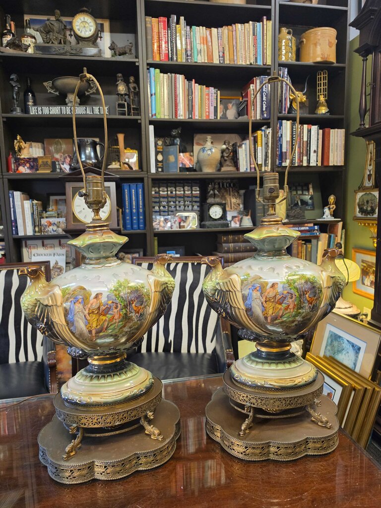 Pair of Classical Revival Porcelain Urn Table Lamps w/ Eagle Handles, Figural Transferware Scenes & Ornate Pierced Metal Bases
