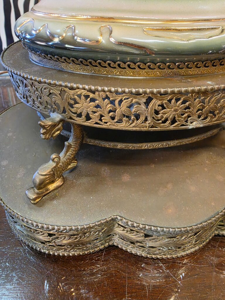 Pair of Classical Revival Porcelain Urn Table Lamps w/ Eagle Handles, Figural Transferware Scenes & Ornate Pierced Metal Bases