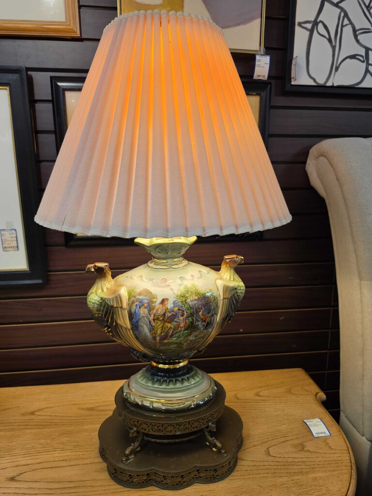 Pair of Classical Revival Porcelain Urn Table Lamps w/ Eagle Handles, Figural Transferware Scenes & Ornate Pierced Metal Bases