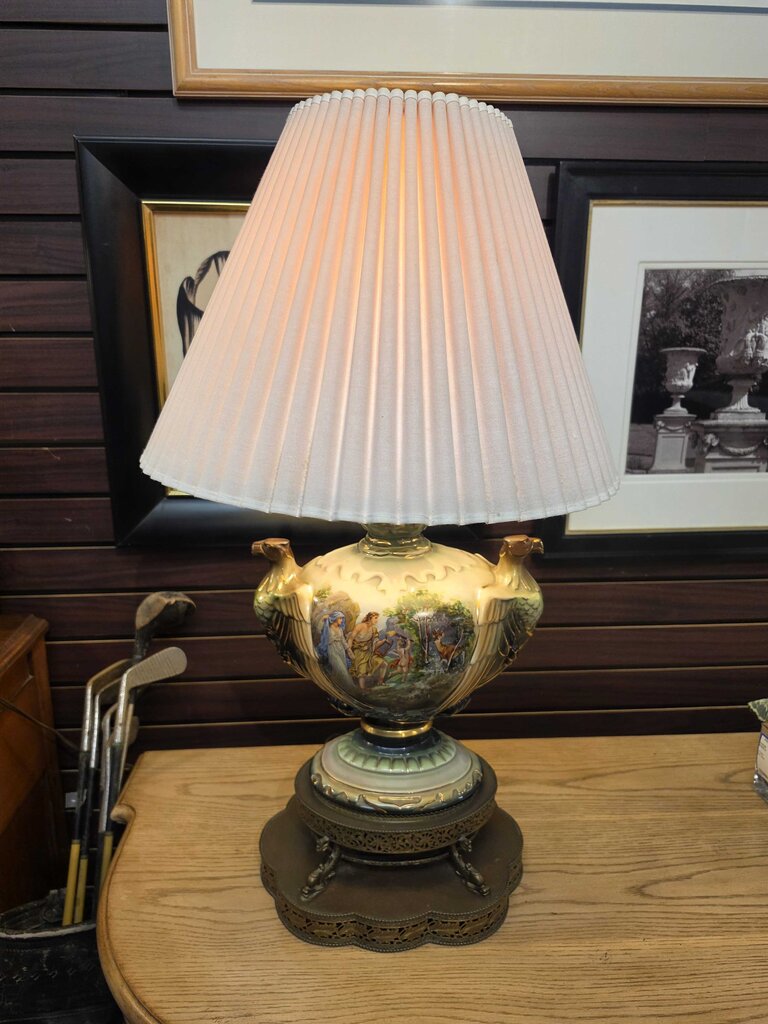 Pair of Classical Revival Porcelain Urn Table Lamps w/ Eagle Handles, Figural Transferware Scenes & Ornate Pierced Metal Bases