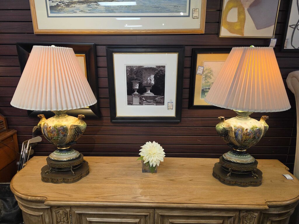 Pair of Classical Revival Porcelain Urn Table Lamps w/ Eagle Handles, Figural Transferware Scenes & Ornate Pierced Metal Bases