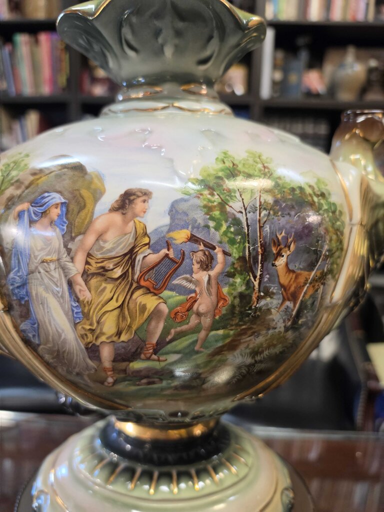 Pair of Classical Revival Porcelain Urn Table Lamps w/ Eagle Handles, Figural Transferware Scenes & Ornate Pierced Metal Bases