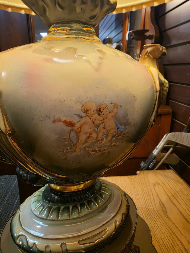 Pair of Classical Revival Porcelain Urn Table Lamps w/ Eagle Handles, Figural Transferware Scenes & Ornate Pierced Metal Bases