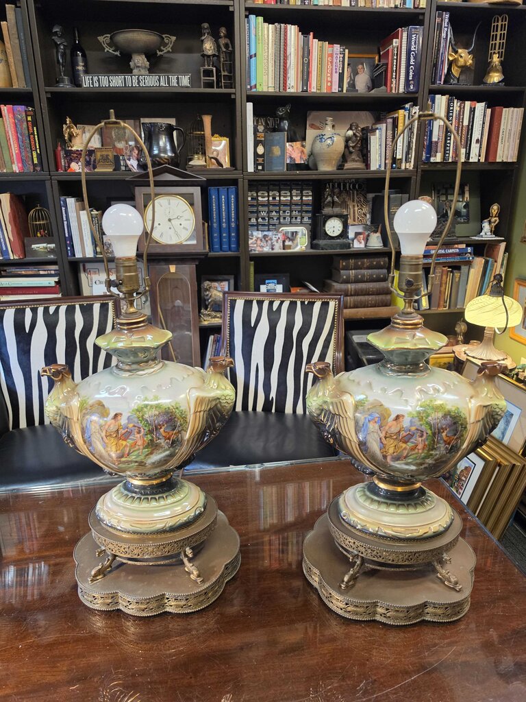 Pair of Classical Revival Porcelain Urn Table Lamps w/ Eagle Handles, Figural Transferware Scenes & Ornate Pierced Metal Bases