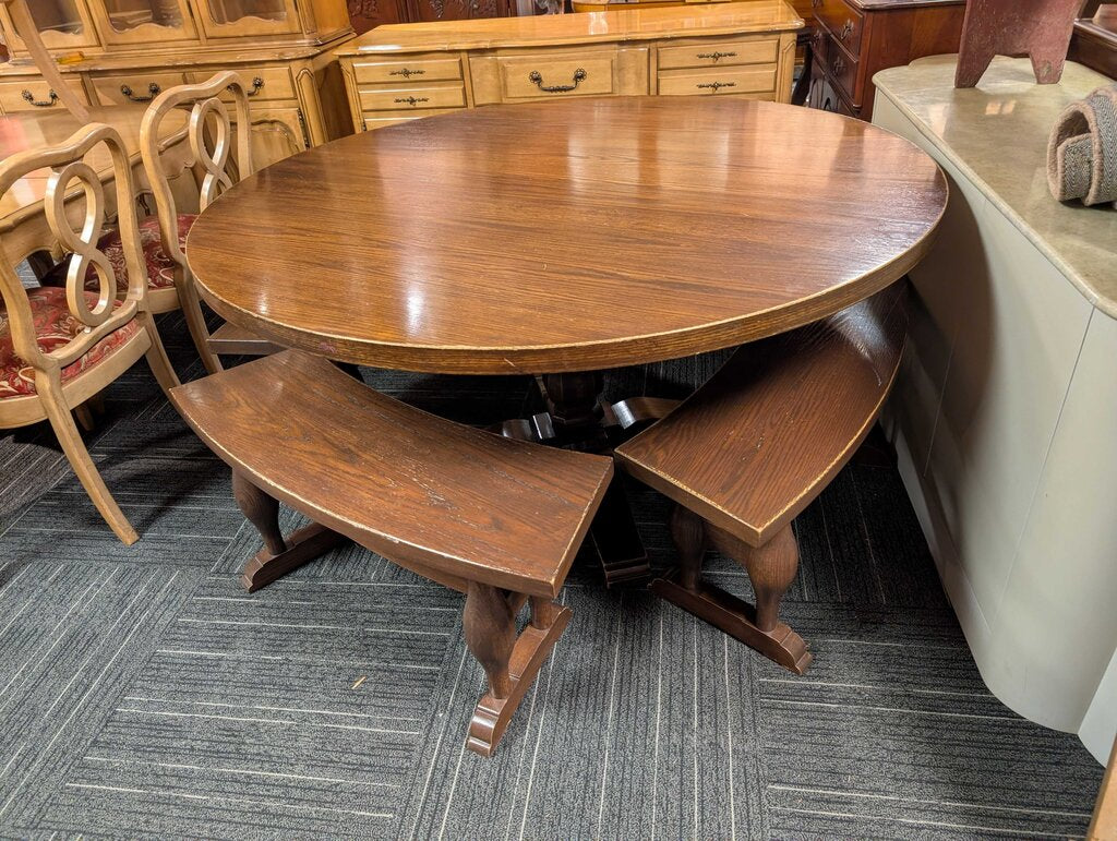 Large Round Solid Oak Table With Four Benches