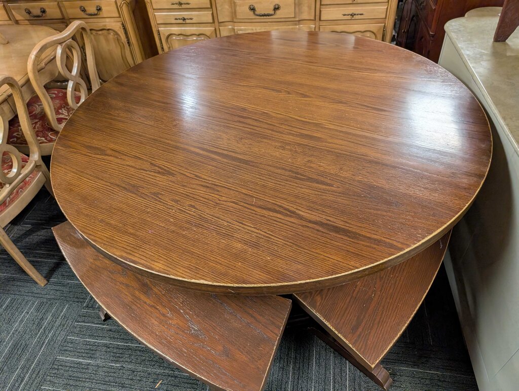 Large Round Solid Oak Table With Four Benches
