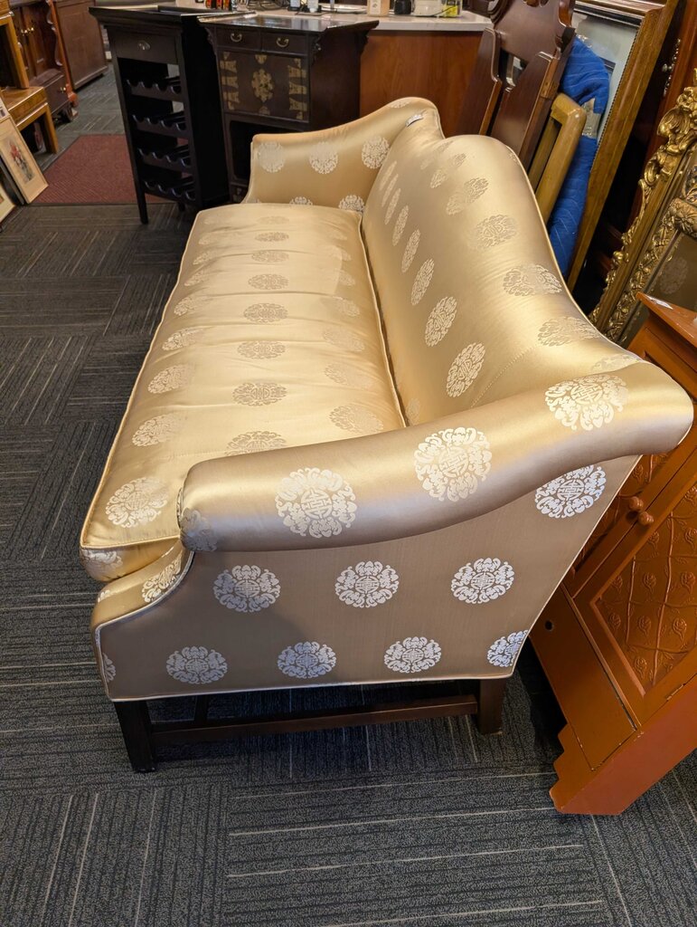 Stunning Formal Chippendale Camelback Sofa w/ Gold Damask Upholstery