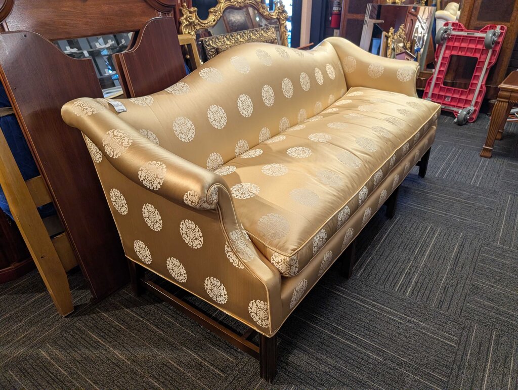 Stunning Formal Chippendale Camelback Sofa w/ Gold Damask Upholstery