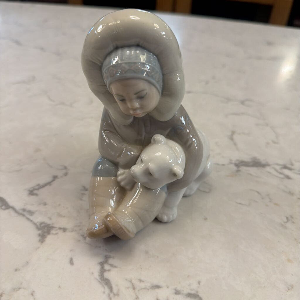 Lladro #1972 Porcelain Eskimo Holding a Polar Bear Cub