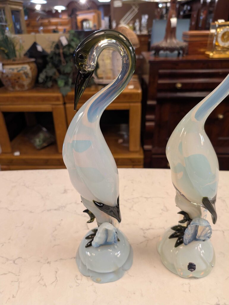 Pair Of Artist Signed Murano Cranes