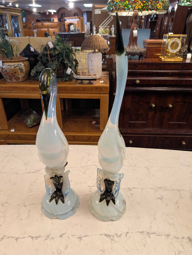 Pair Of Artist Signed Murano Cranes