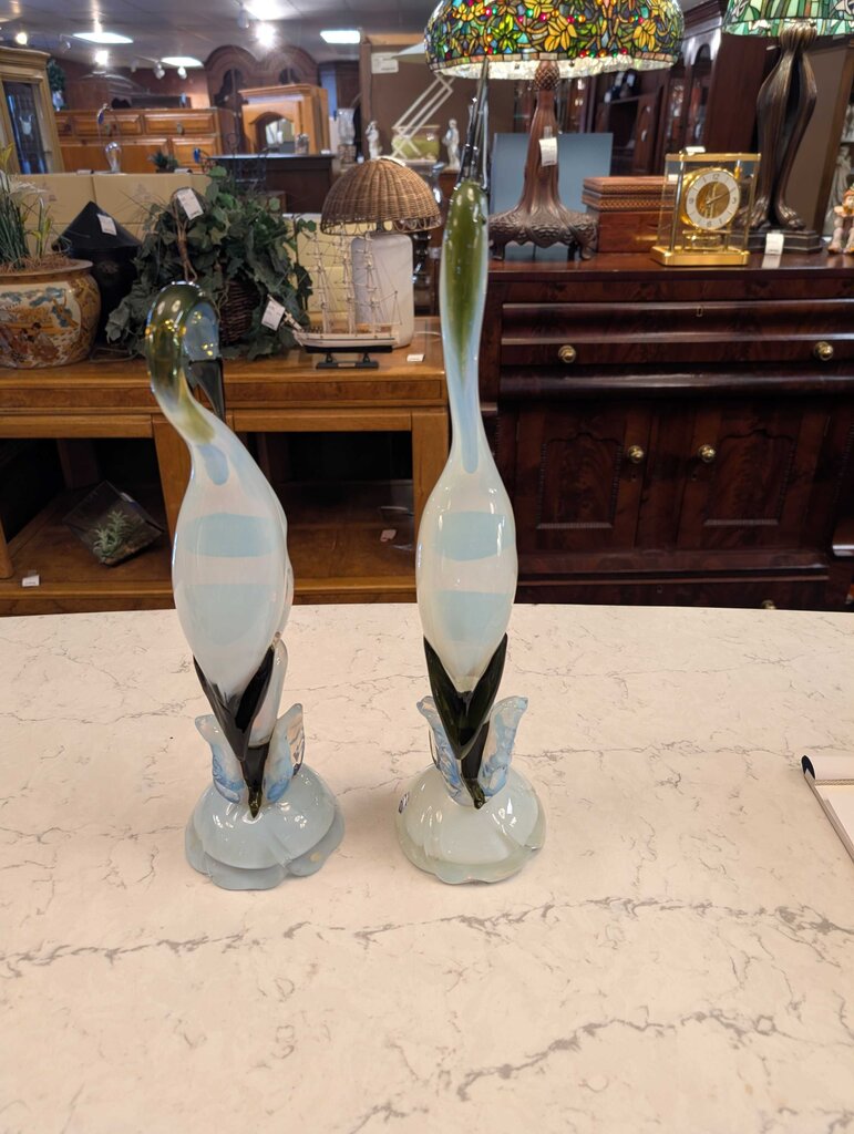 Pair Of Artist Signed Murano Cranes