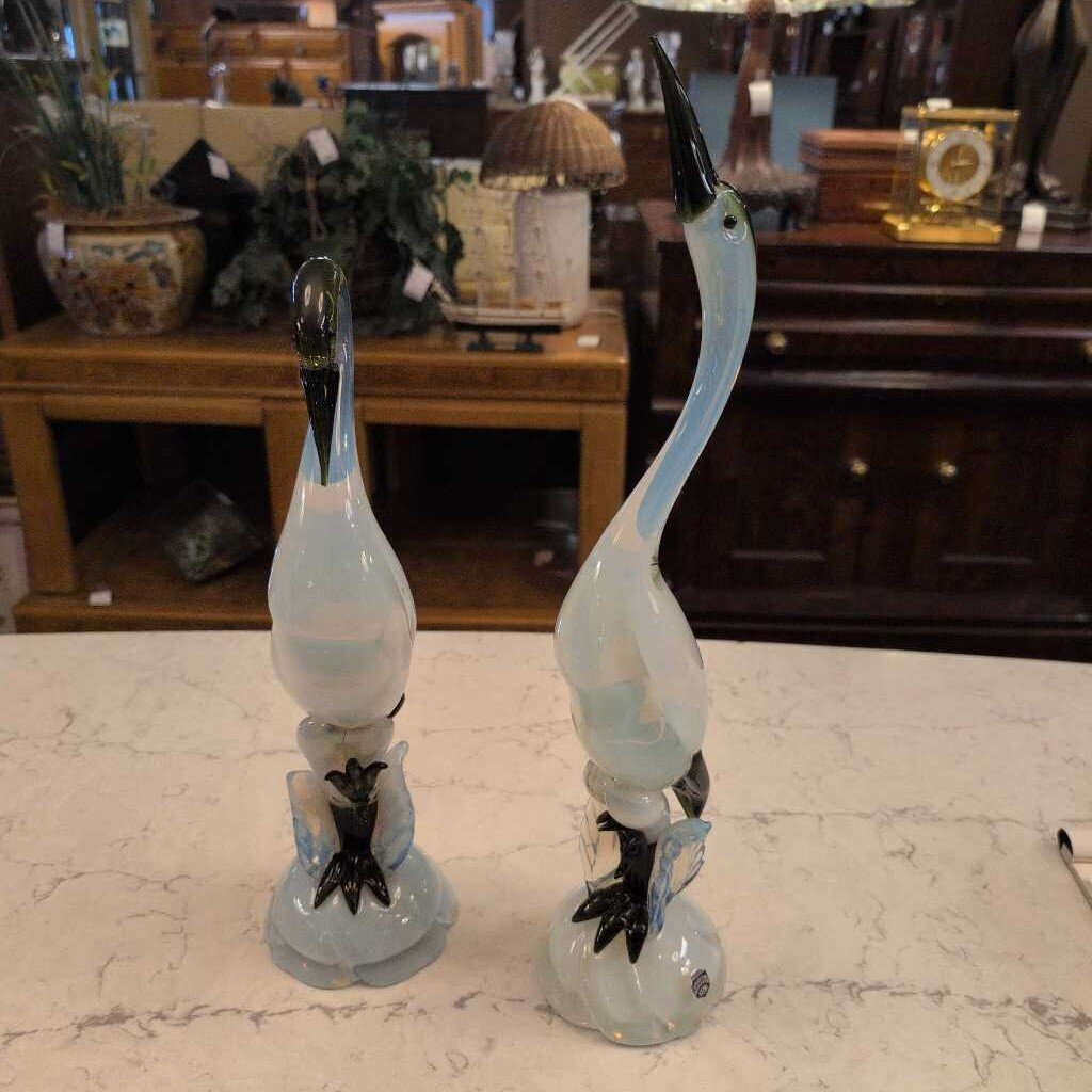 Pair Of Artist Signed Murano Cranes