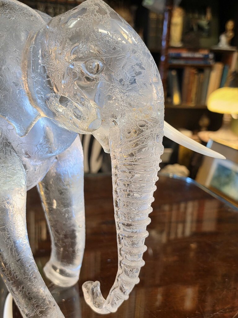 Rare Large Pino Signoretto Clear Crystal Murano Glass Elephant Sculpture – 17" Long, 14" Tall