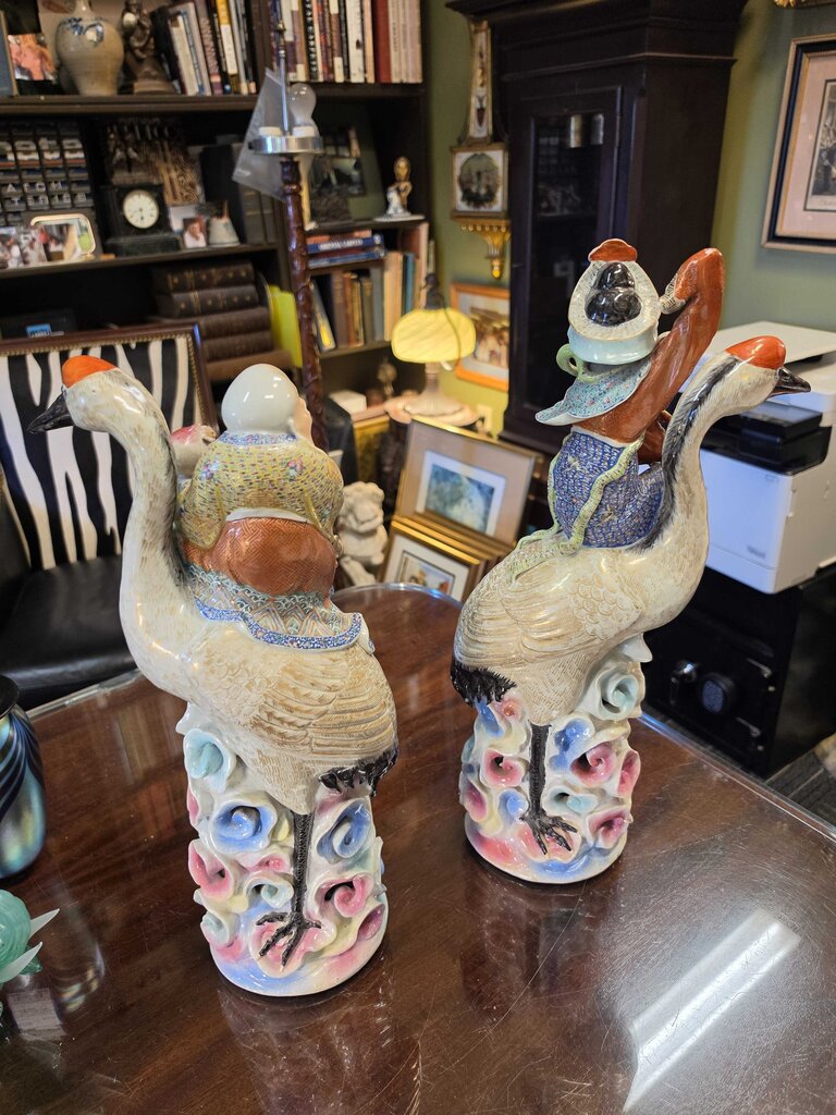 Large Antique Chinese Famille Rose Porcelain Figural Sculptures – Pair of Man & Woman, 18" & 20" Tall, Circa 1930 (1920–1940)