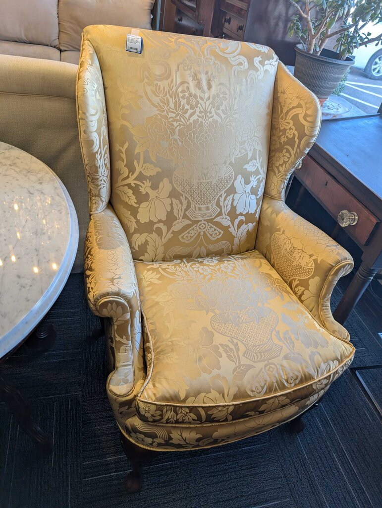 Professionally Re-Upholstered by Paul Belinsky Gold Damask Wingback Chair