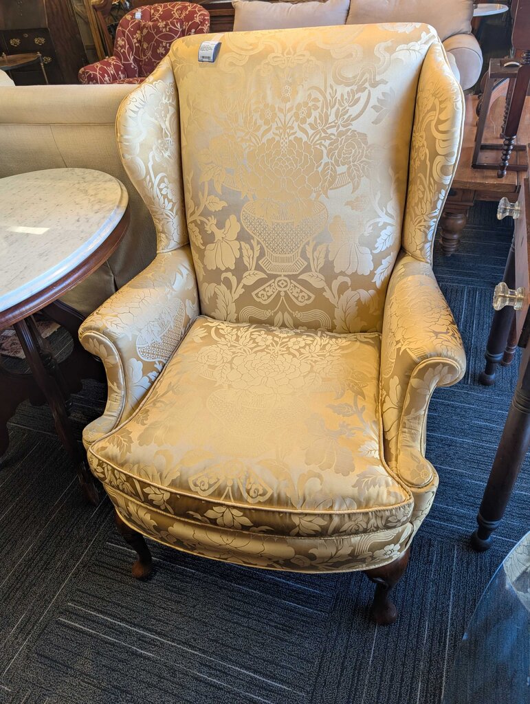 Professionally Re-Upholstered by Paul Belinsky Gold Damask Wingback Chair