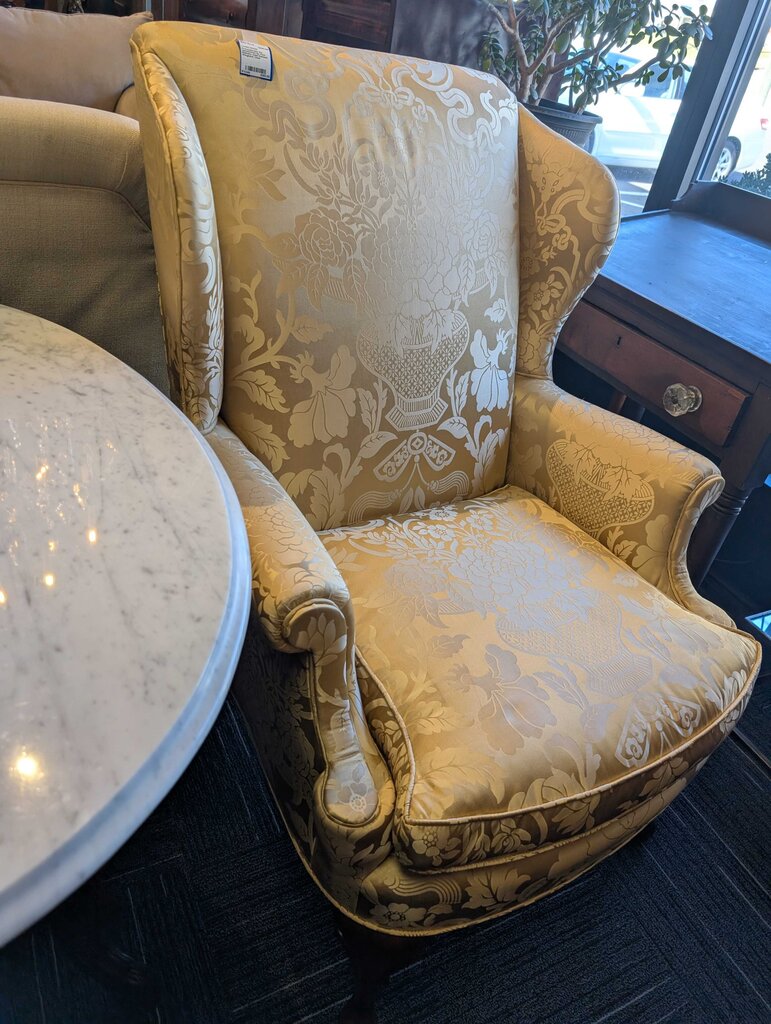 Professionally Re-Upholstered by Paul Belinsky Gold Damask Wingback Chair