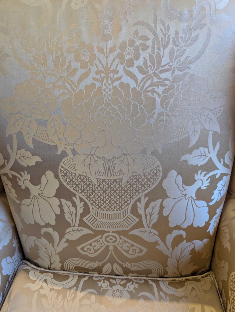 Professionally Re-Upholstered by Paul Belinsky Gold Damask Wingback Chair
