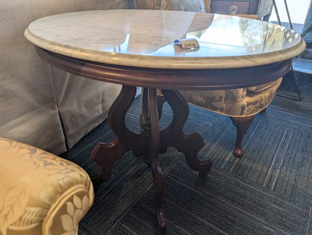 Large Victorian Carrara Marble Top Table w/ Walnut Base