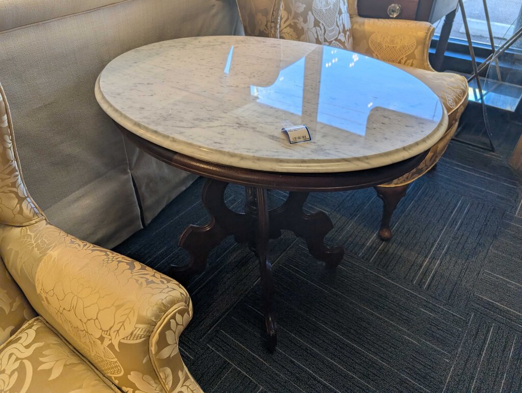 Large Victorian Carrara Marble Top Table w/ Walnut Base