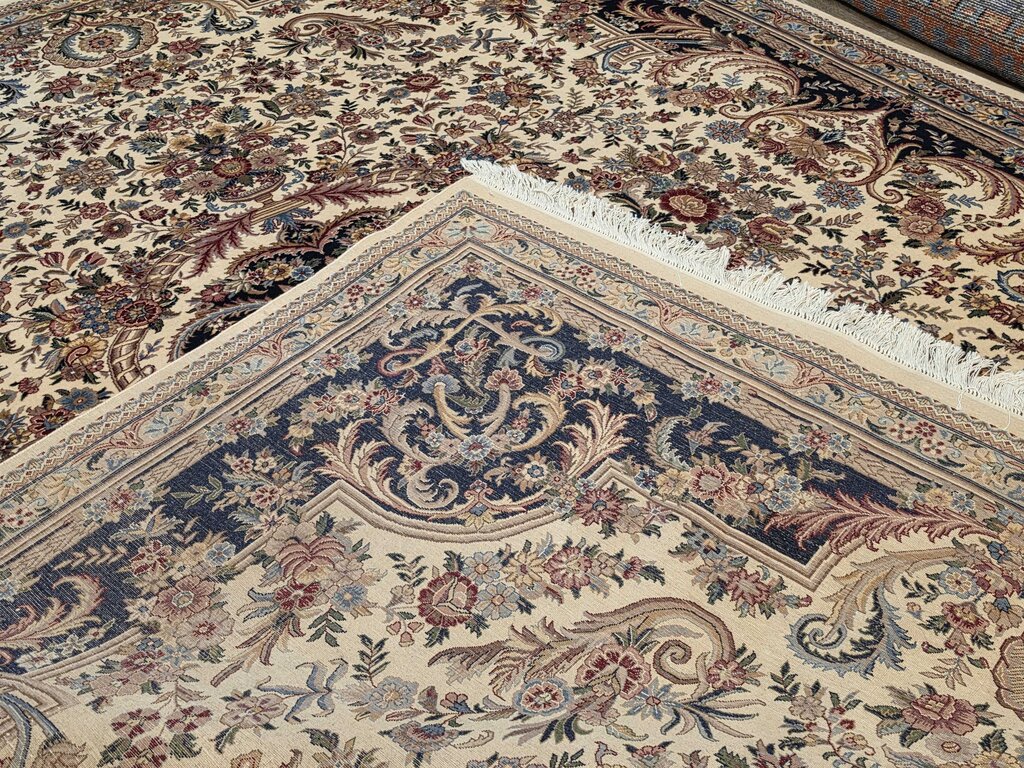Stunning Hand Woven Wool Kerman Floral Medallion Ivory, Navy & Rose Oriental Carpet 9' by 12'8"