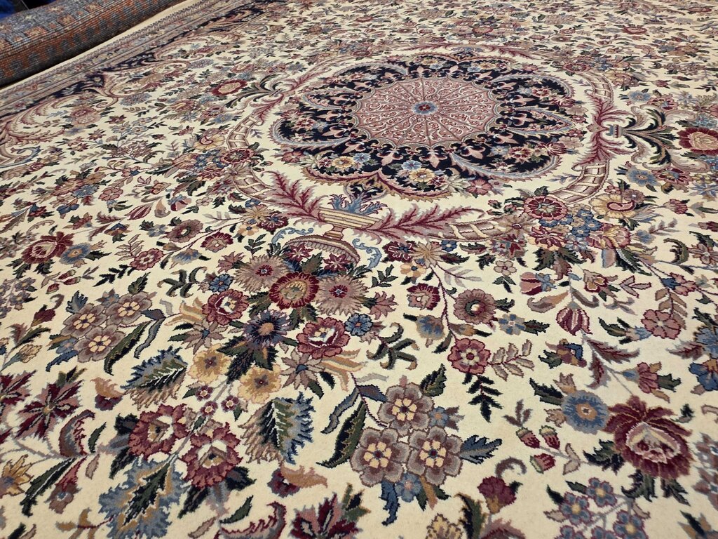 Stunning Hand Woven Wool Kerman Floral Medallion Ivory, Navy & Rose Oriental Carpet 9' by 12'8"