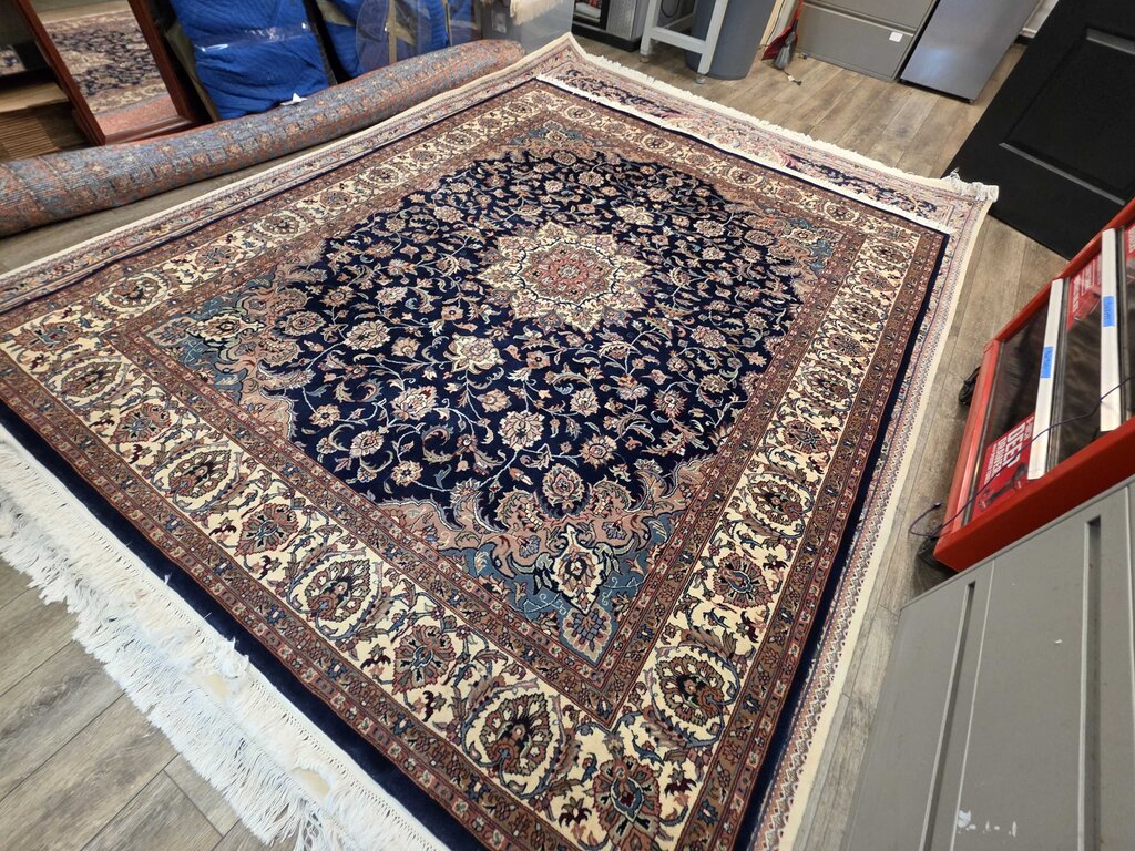 Stunning Hand Woven Wool Kashan Medallion Navy & Ivory Oriental Carpet 8'1" by 10'6"