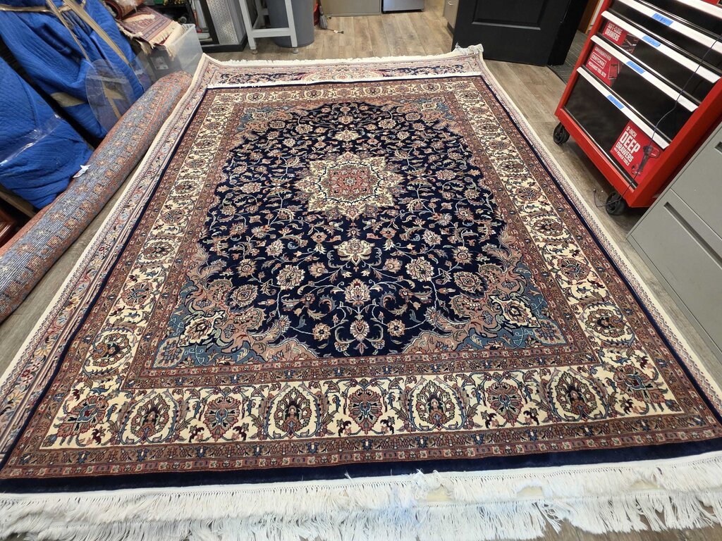Stunning Hand Woven Wool Kashan Medallion Navy & Ivory Oriental Carpet 8'1" by 10'6"