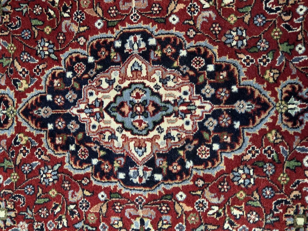 Fine Handwoven Wool Kashan Floral Medallion Red, Navy & Ivory Runner 2'7" by 16'7"