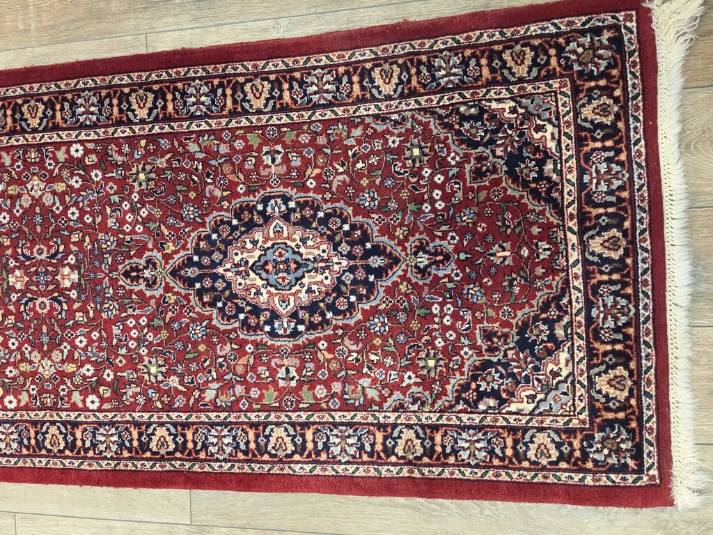 Fine Handwoven Wool Kashan Floral Medallion Red, Navy & Ivory Runner 2'7" by 16'7"