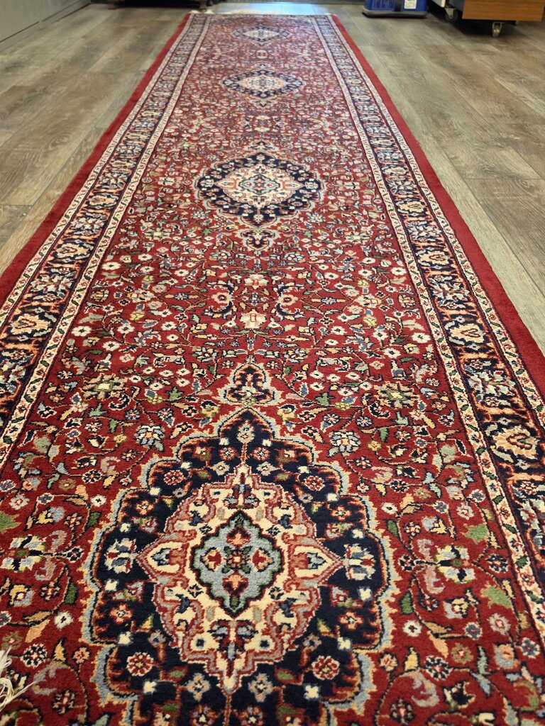 Fine Handwoven Wool Kashan Floral Medallion Red, Navy & Ivory Runner 2'7" by 16'7"