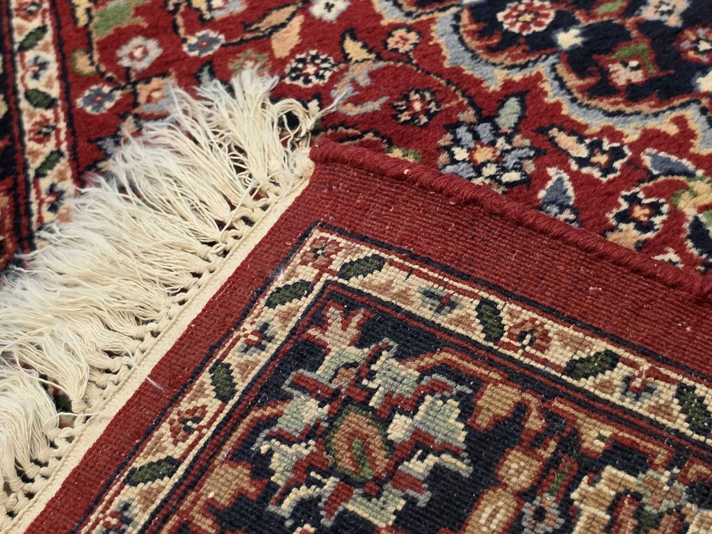 Fine Handwoven Wool Kashan Floral Medallion Red, Navy & Ivory Runner 2'7" by 16'7"
