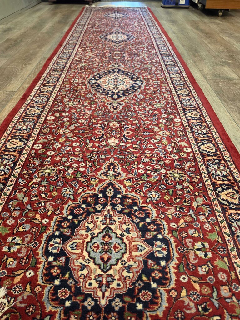 Fine Handwoven Wool Kashan Floral Medallion Red, Navy & Ivory Runner 2'7" by 16'7"