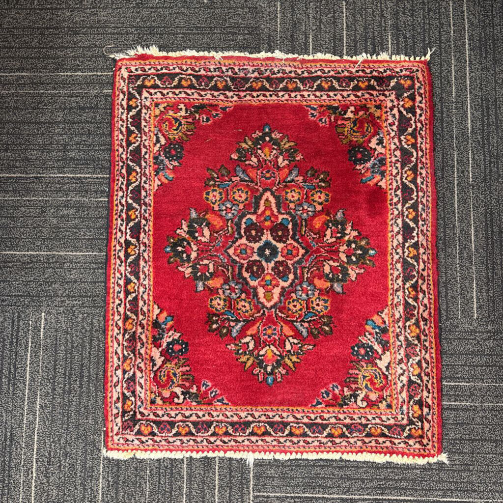 Semi-Antique Wool Floral Medallion Carpet 2' by 2'6"