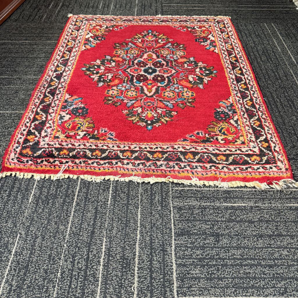 Semi-Antique Wool Floral Medallion Carpet 2' by 2'6"