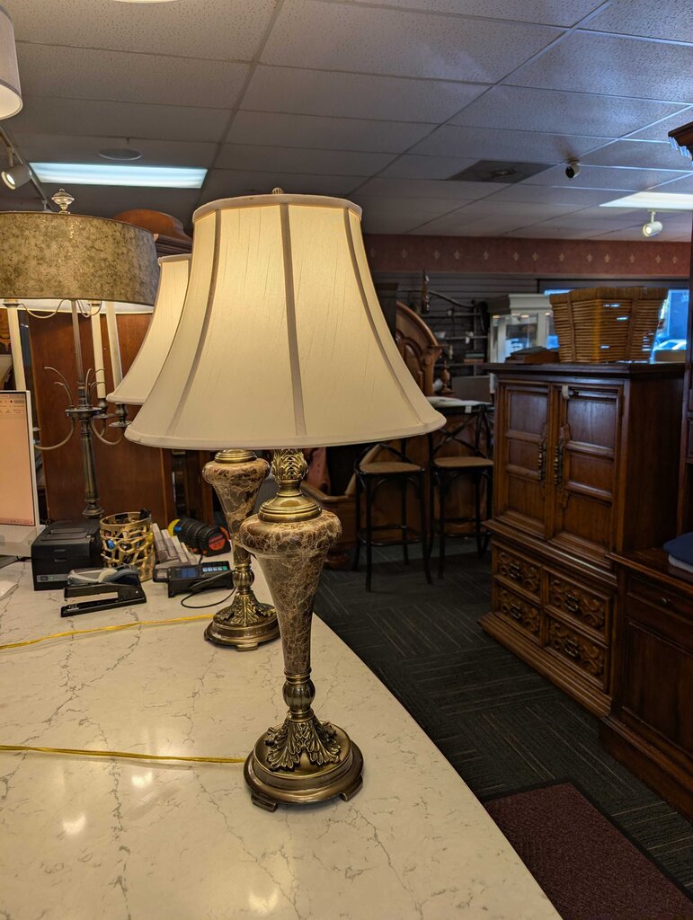 Pair of Ornate Stone & Brass Table Lamps